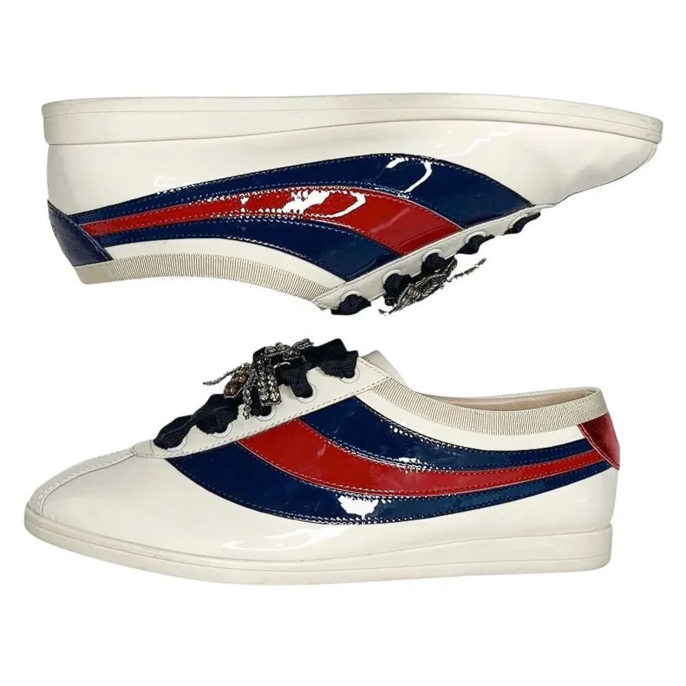 Gucci Falacer Patent Leather Sneakers 38 White Red Blue Bee Crystal Low Top